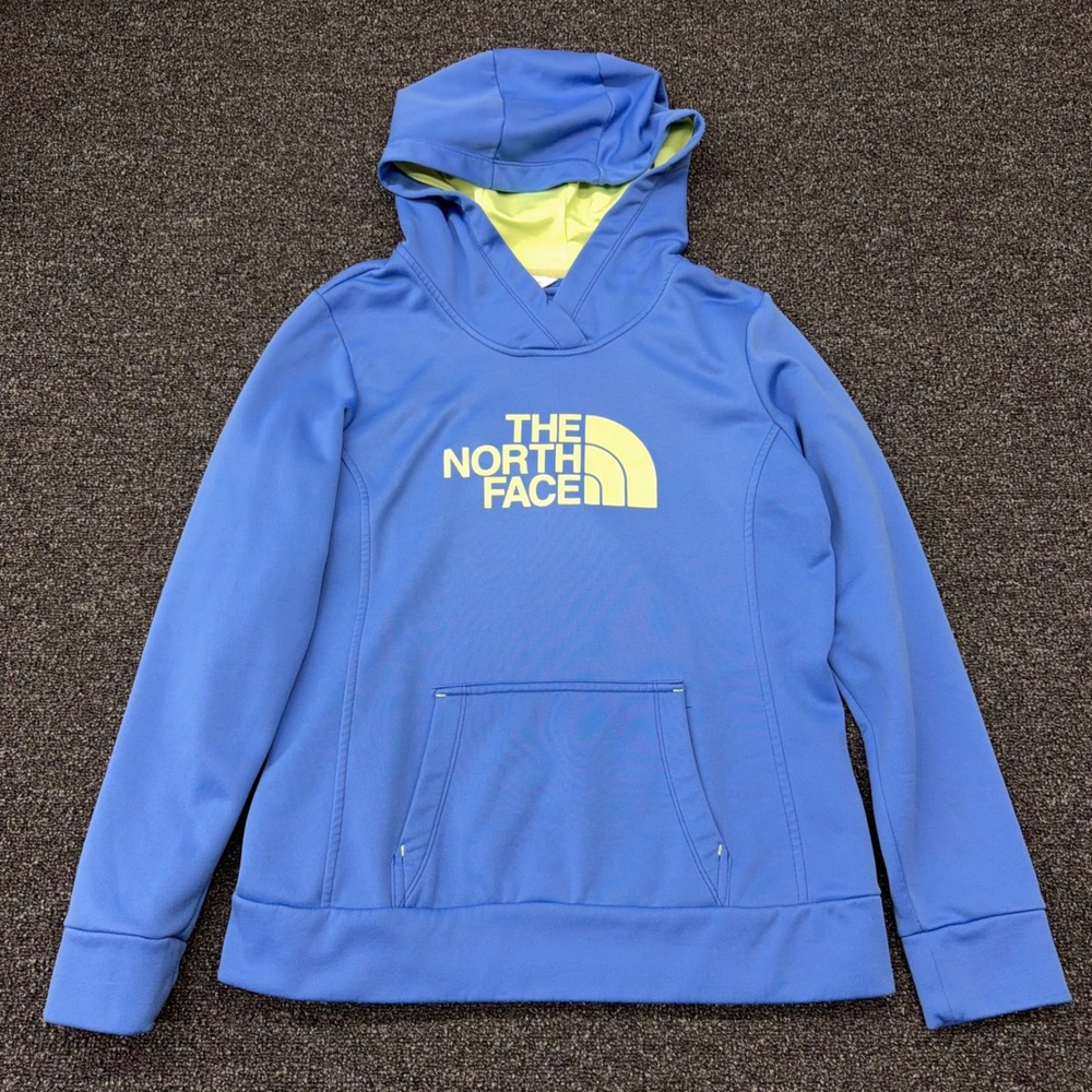 The North Face Hoodie Womens Medium‎ Blue Lime Green Logo Fleece Lined Pullover